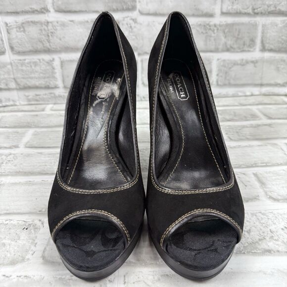 Coach Tabby Peep Toe  Classic Coach Logo Heels Pumps Size 8.5 Wood Wedge - Picture 5 of 10